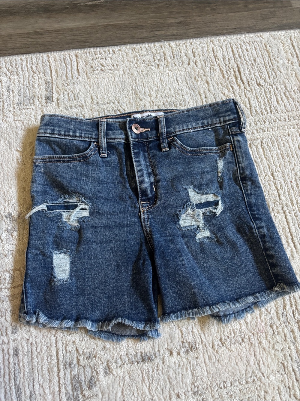 Abercrombie & Fitch Mid-Rise Distressed Dark Blue Denim Shorts